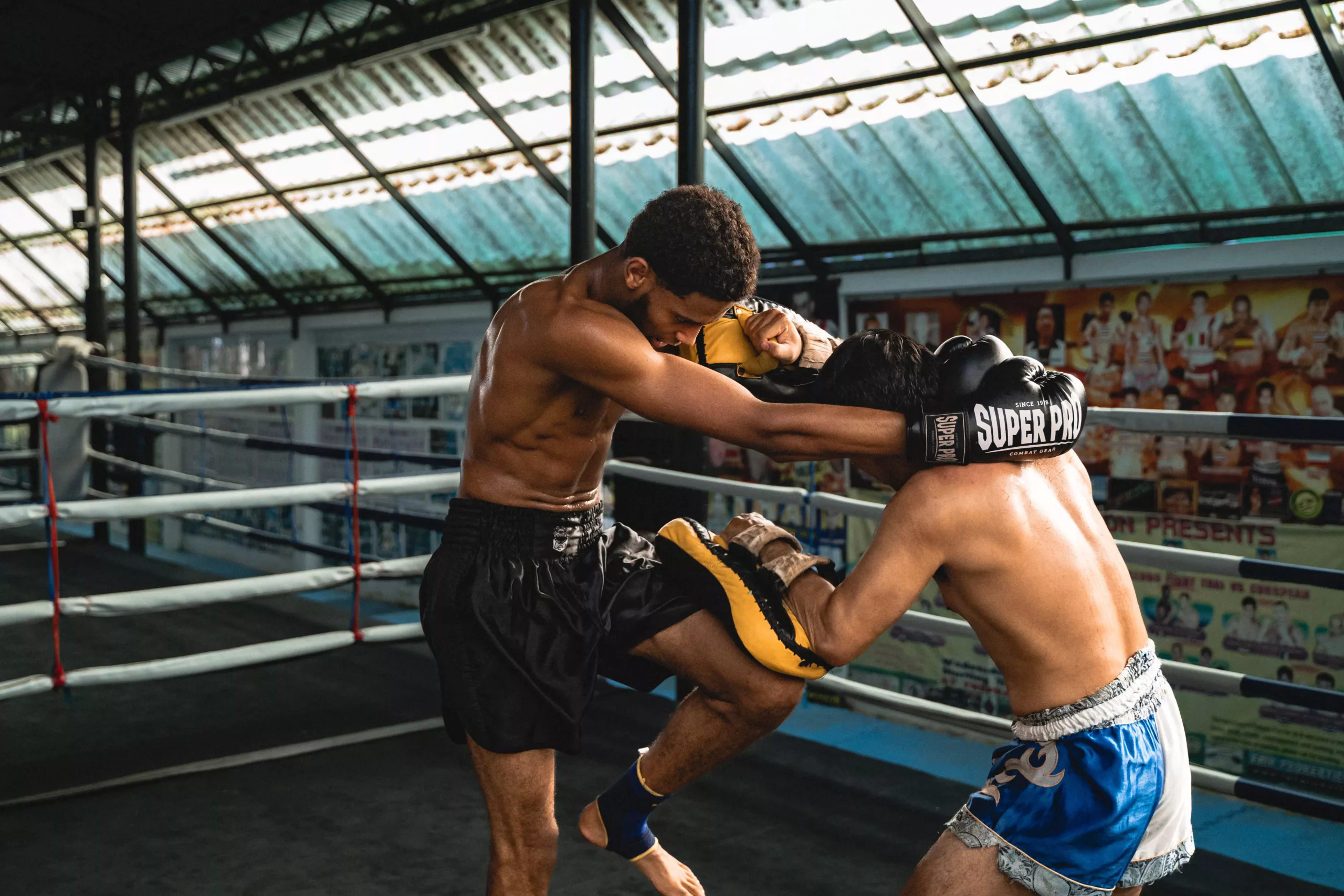 Muay Thai trainer with an athlete engage in close combat training inside a ring, with one executing a knee strike while the other uses arm control, both showcasing intense focus and physical prowess.