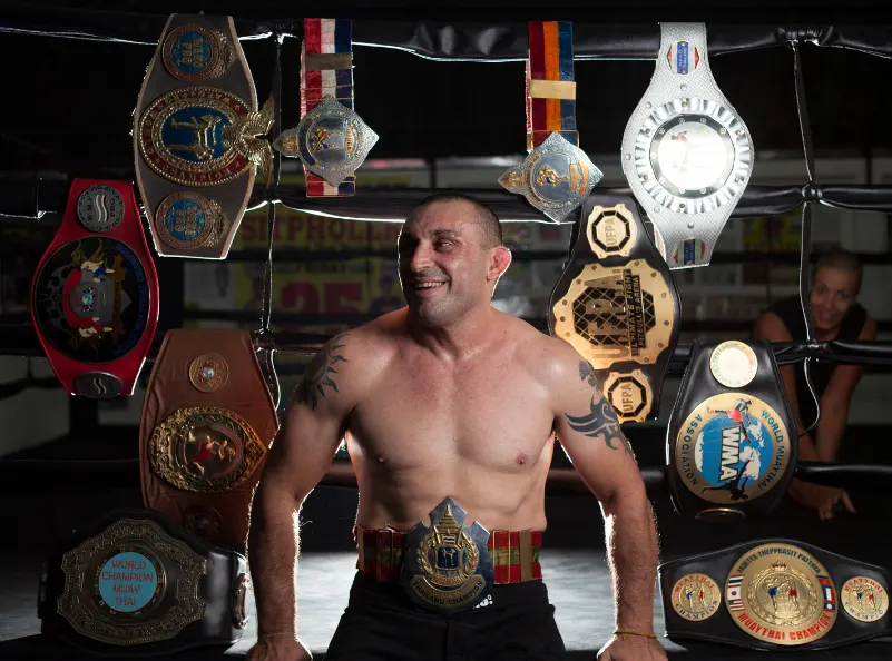 Christian Daghio with all his muay thai belts