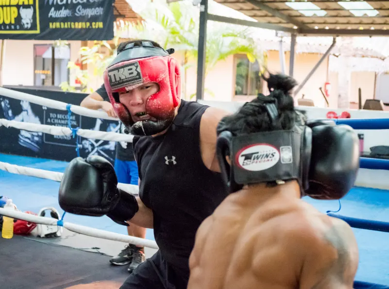 Two guys sparring in Thailand